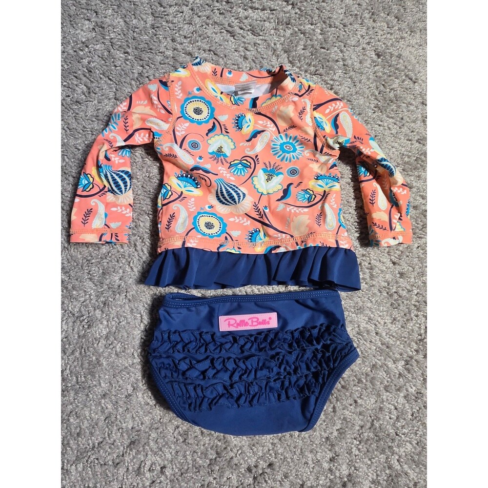 Ruffle Butts Baby Girl Rashguard Swimsuit 2 piece Long Sleeve Paisley Pink Blue